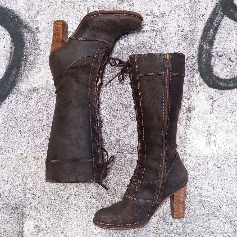 Sold - Vintage Frye Villager Lace-Up Knee High Dark Brown Roughout Leather Boots